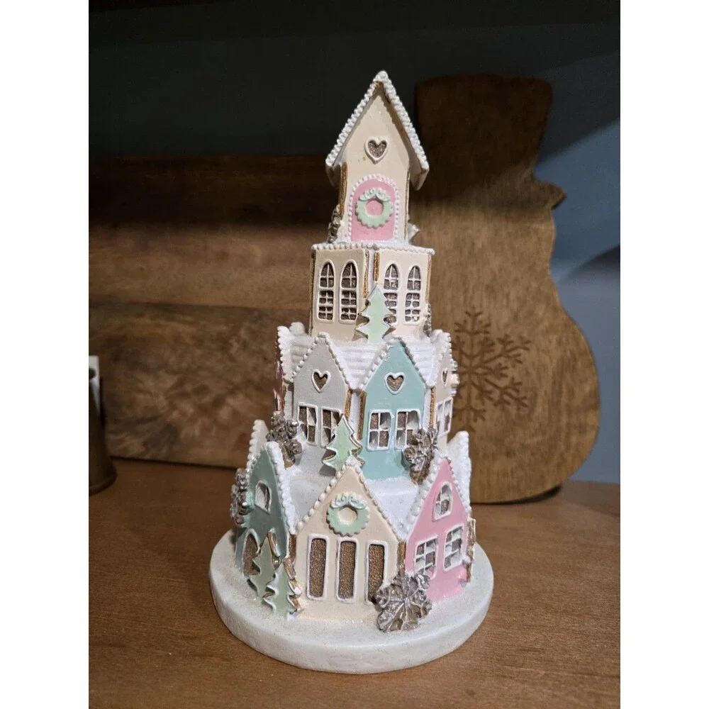 NEW Light-Up Pastel Pink Gingerbread Sugar Frosted Castle House Christmas Decor